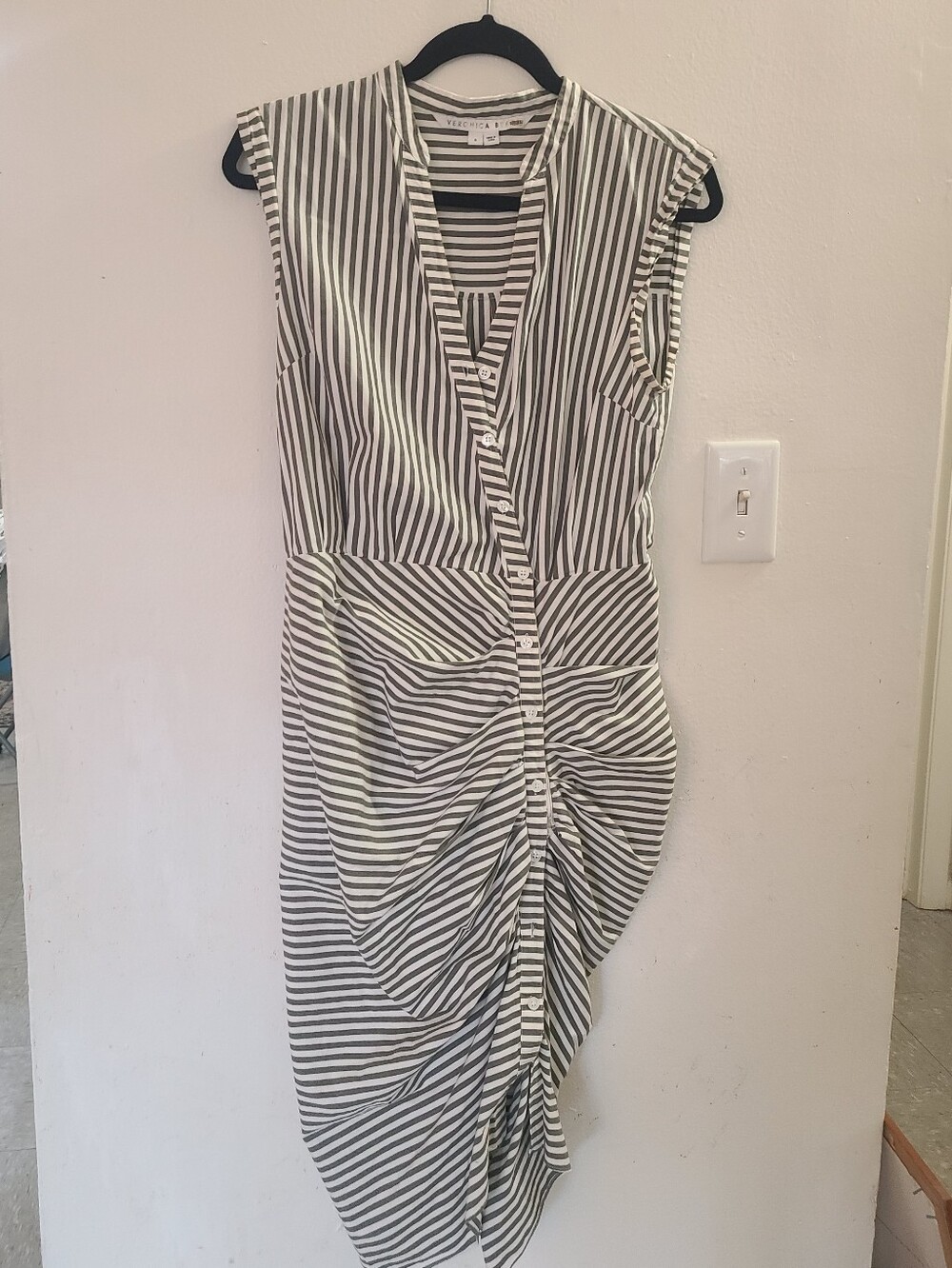 Veronica Beard Sleeveless Grey and White Striped Ruched Wrap Dress